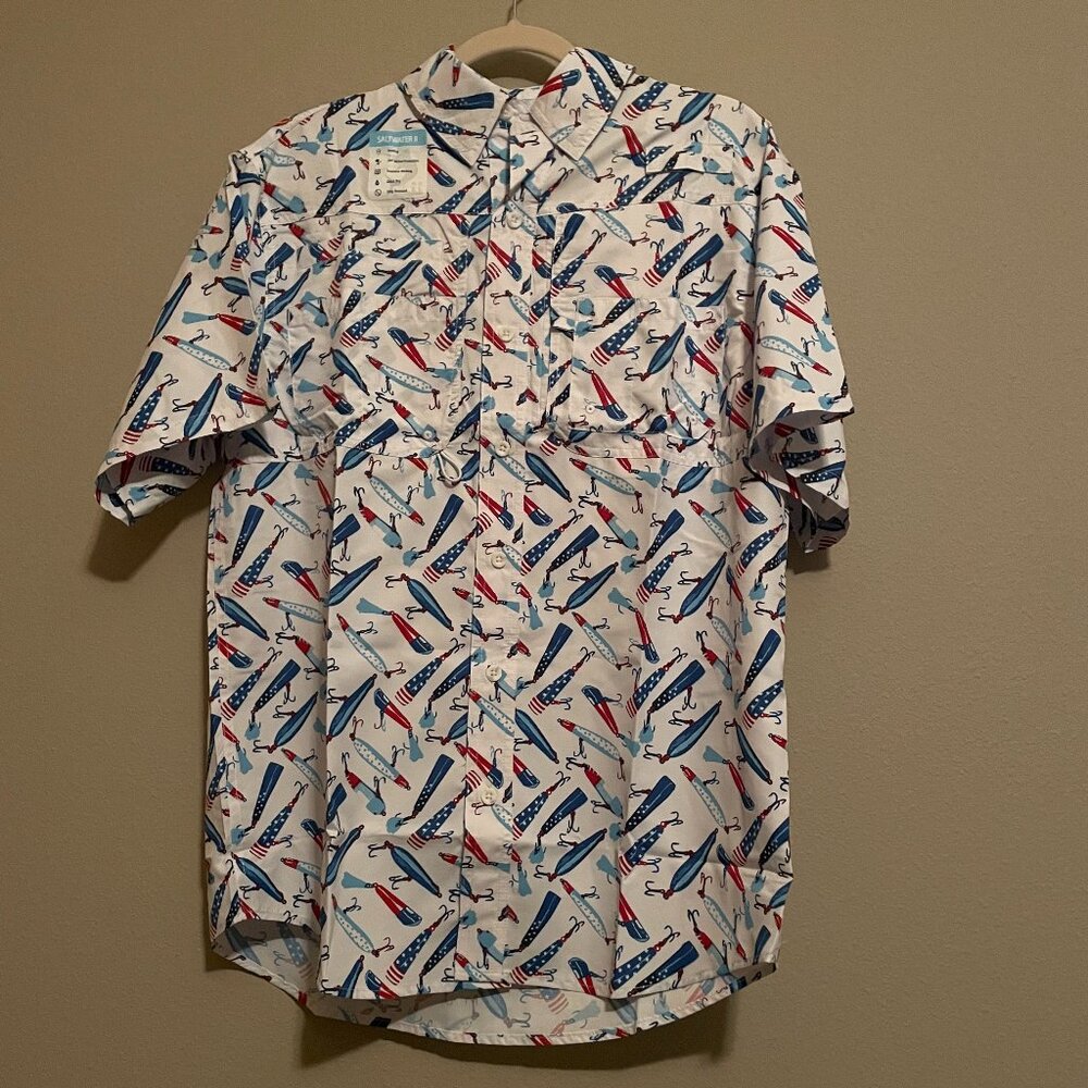 Reel Legends Size S Mens Saltwater II Short Sleeve Shirt RED WHITE & BLUE